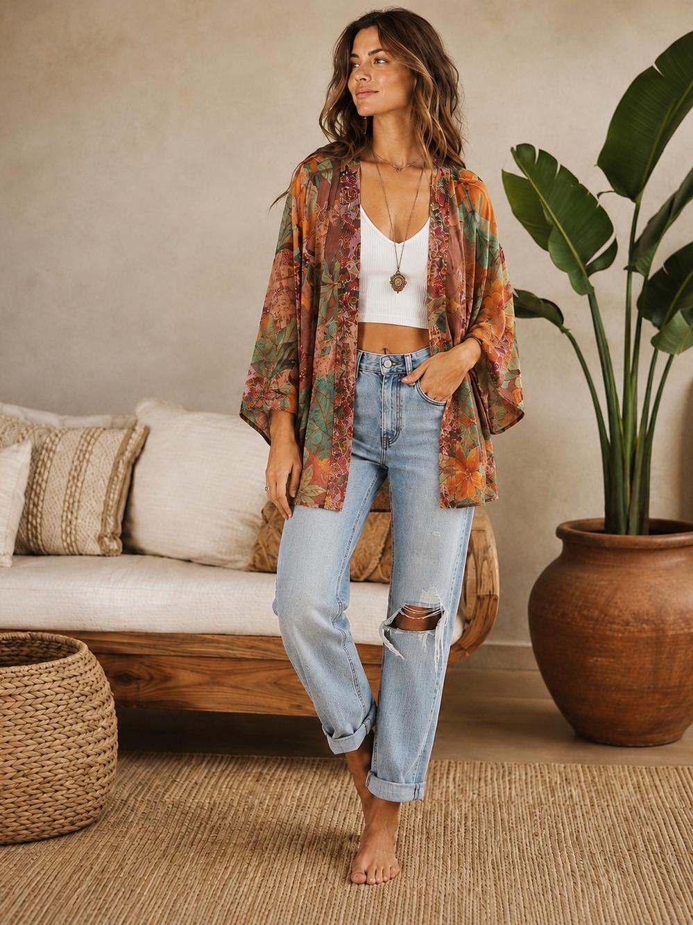 Boho Floral Kimono Cardigan - Multicolor